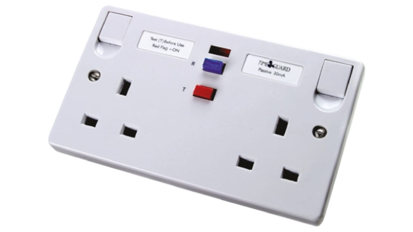 Theben / Timeguard Tripfast, BS Fixing, Passive, 2 Gang RCD Socket , Switched, 230 V ac, White