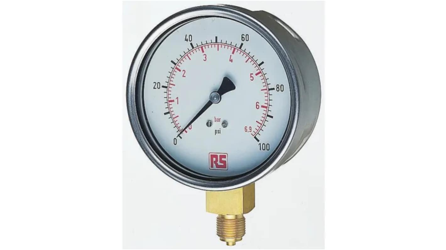 33043429 RS PRO G 3/8 Analogue Pressure Gauge 100psi Bottom Entry