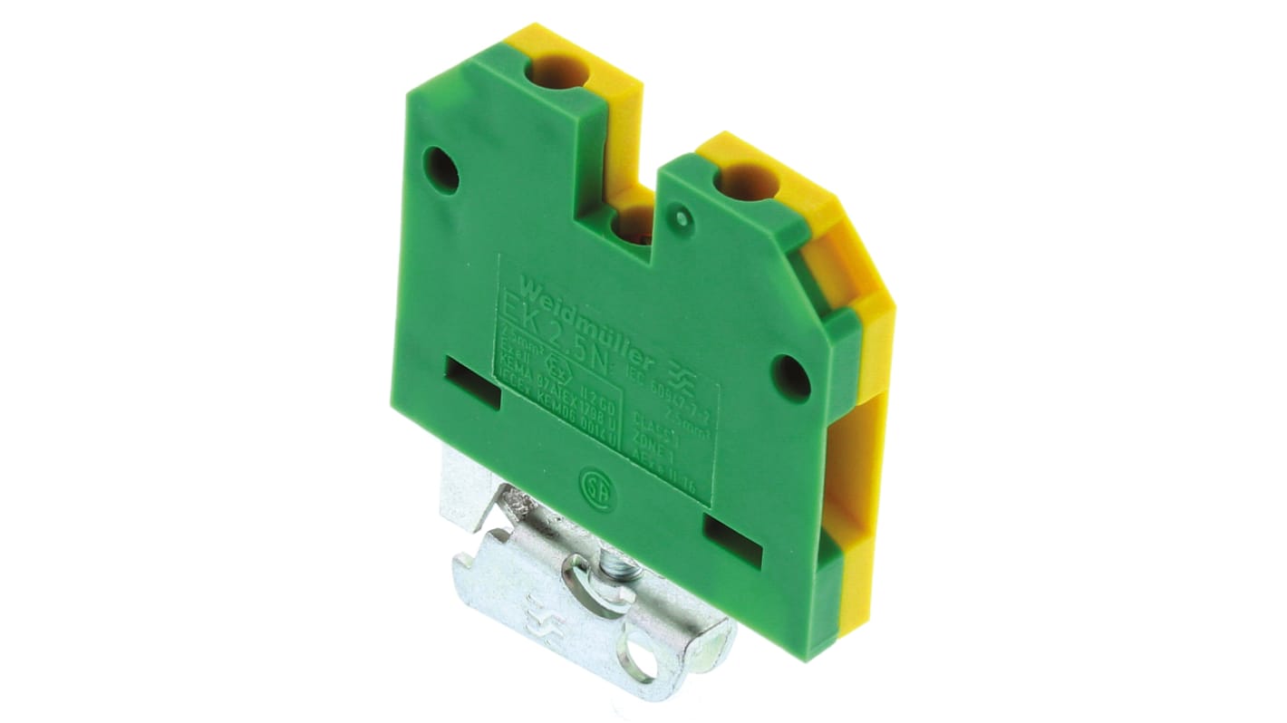 Weidmuller 2-Way EK 2.5 Earth Terminal Block, 2.5mm², 26 → 12 AWG Wire, Screw Down, Nylon Housing, ATEX