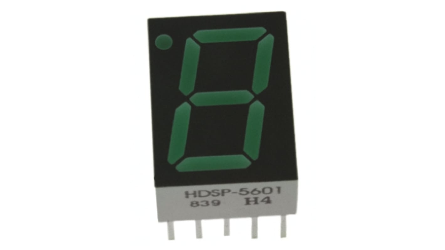 Display LED 7 segmentos Broadcom de 1 caract., Verde, Vf= 2,1 V, ánodo común, mont. pasante