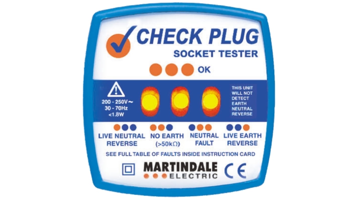 Comprobador de tomas eléctricas Martindale CP-501, calibrado RS, 200 → 250V ac, 13A, para tomas de 3 pines, CAT