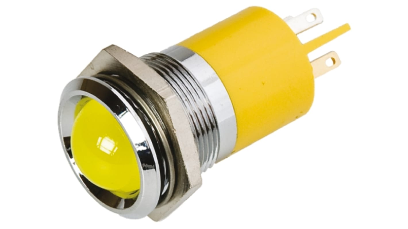 Indicador LED RS PRO, Amarillo, lente prominente, marco Cromo, Ø montaje 22mm, 48 → 65V dc, 10mA, 60mcd