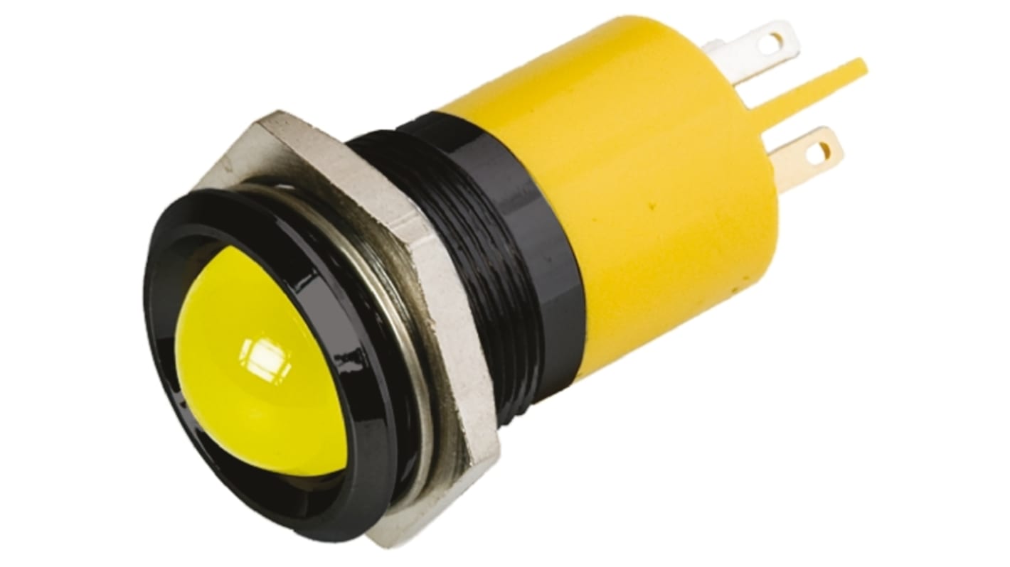 Indicador LED RS PRO, Amarillo, lente prominente, marco Negro, Ø montaje 22mm, 24V dc, 20mA, 60mcd