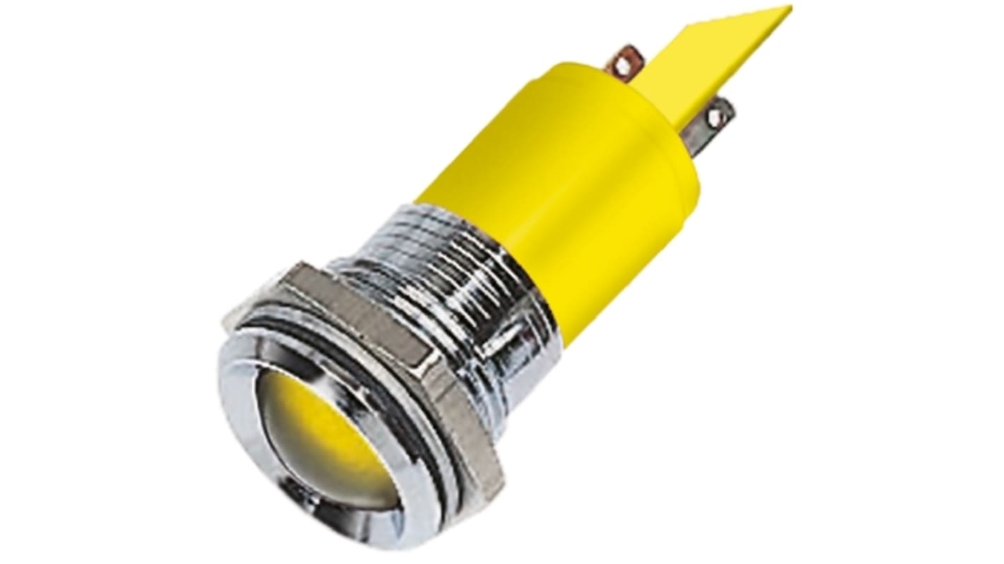 Indicador LED RS PRO, Amarillo, lente prominente, marco Cromo, Ø montaje 22mm, 12V, 20mA, 60mcd