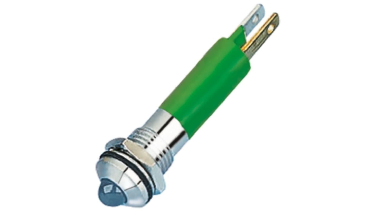 Indikátor pro montáž do panelu 8mm Prominentní barva Zelená, typ žárovky: LED Pájecí plíšek, 24V ac/dc RS PRO