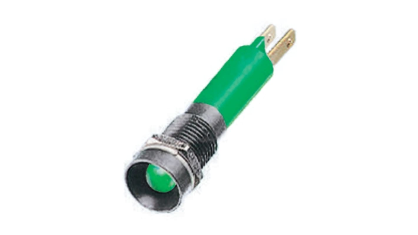 RS PRO Green Panel Mount Indicator, 24V c.c., 8mm Mounting Hole Size, Solder Tab Termination, IP67