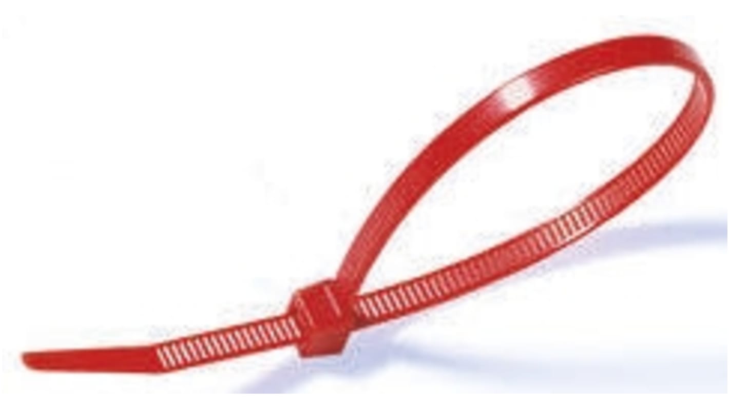 HellermannTyton Cable Tie, Inside Serrated, 390mm x 4.7 mm, Red Polyamide 6.6 (PA66), Pk-100