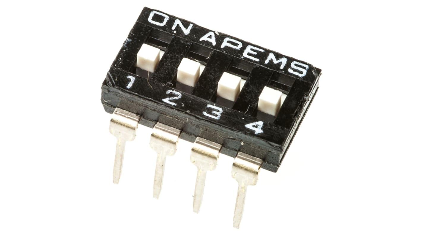 DIP switch, 1-polet, Hulmontering, Skyde 25 mA ved 24 V dc, 4-vejs, -20 → +85°C