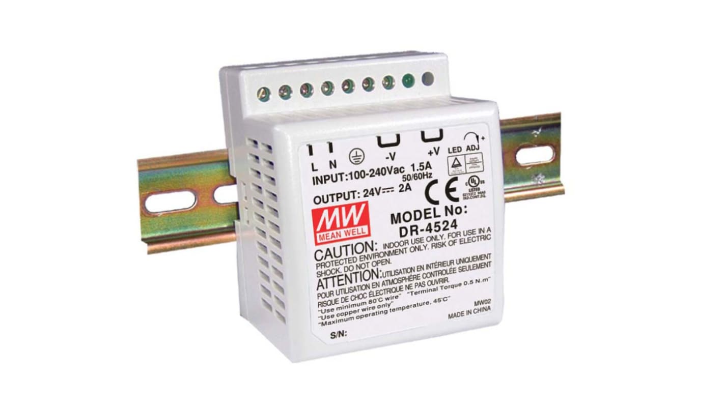 Mean Well DR Switch-Mode DIN-Schienen Netzteil 45W, 85 → 264V ac, 5V dc / 5A