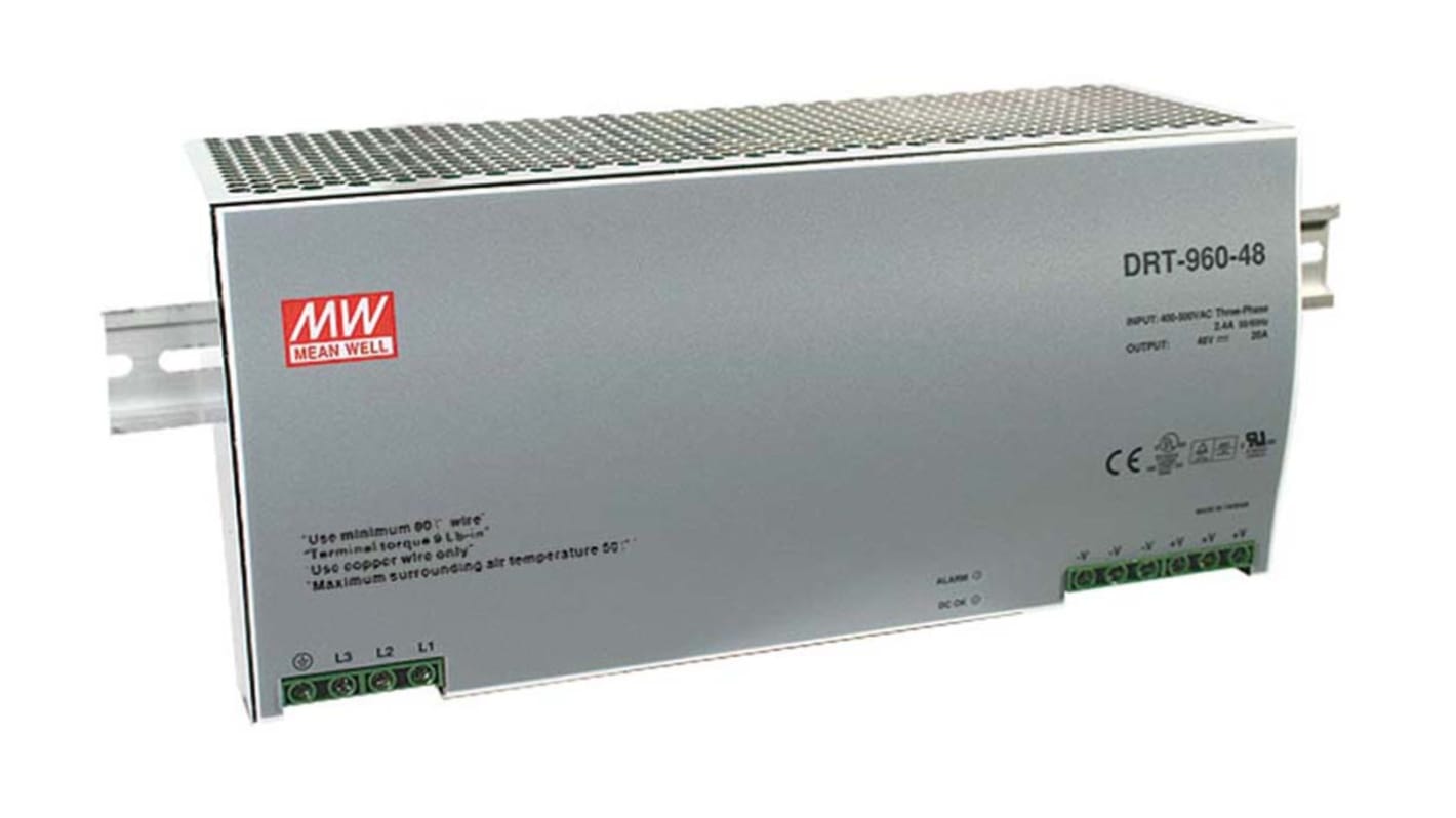 Mean Well DRT Switch Mode DIN Rail Panel Mount Power Supply, 340 → 550V ac ac Input, 24V dc dc Output, 40A