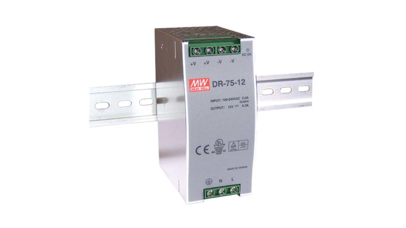 Mean Well DR Switch Mode DIN Rail Panel Mount Power Supply, 85 → 264V ac ac Input, 12V dc dc Output, 6.3A