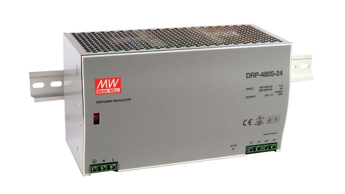 Mean Well DRP Switch Mode DIN Rail Panel Mount Power Supply, 90 → 132V ac ac, dc Input, 48V dc dc Output, 10A