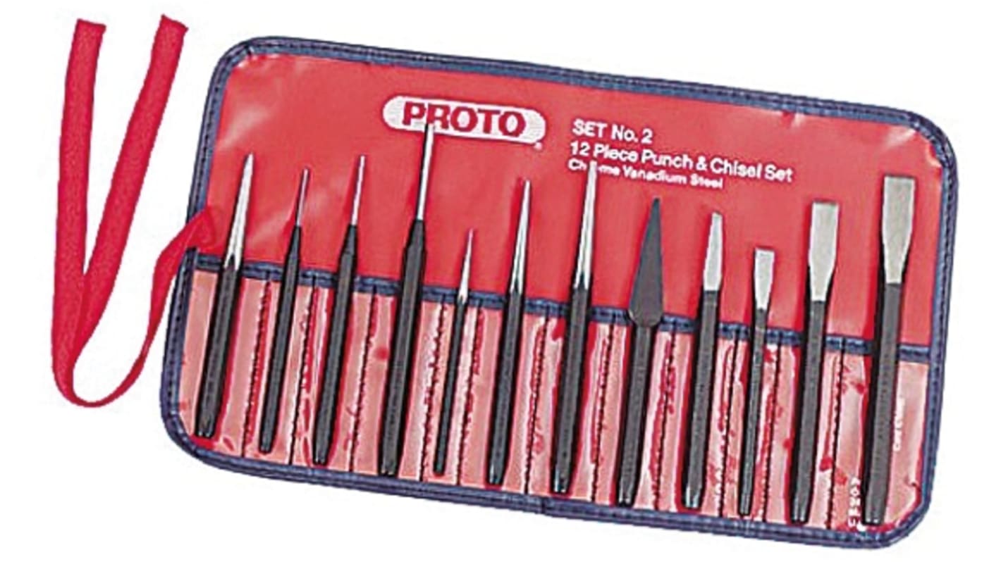J2 Stanley Proto 12Piece Punch Set, Pin Punch, 1/4 → 7/16 in Shank RS