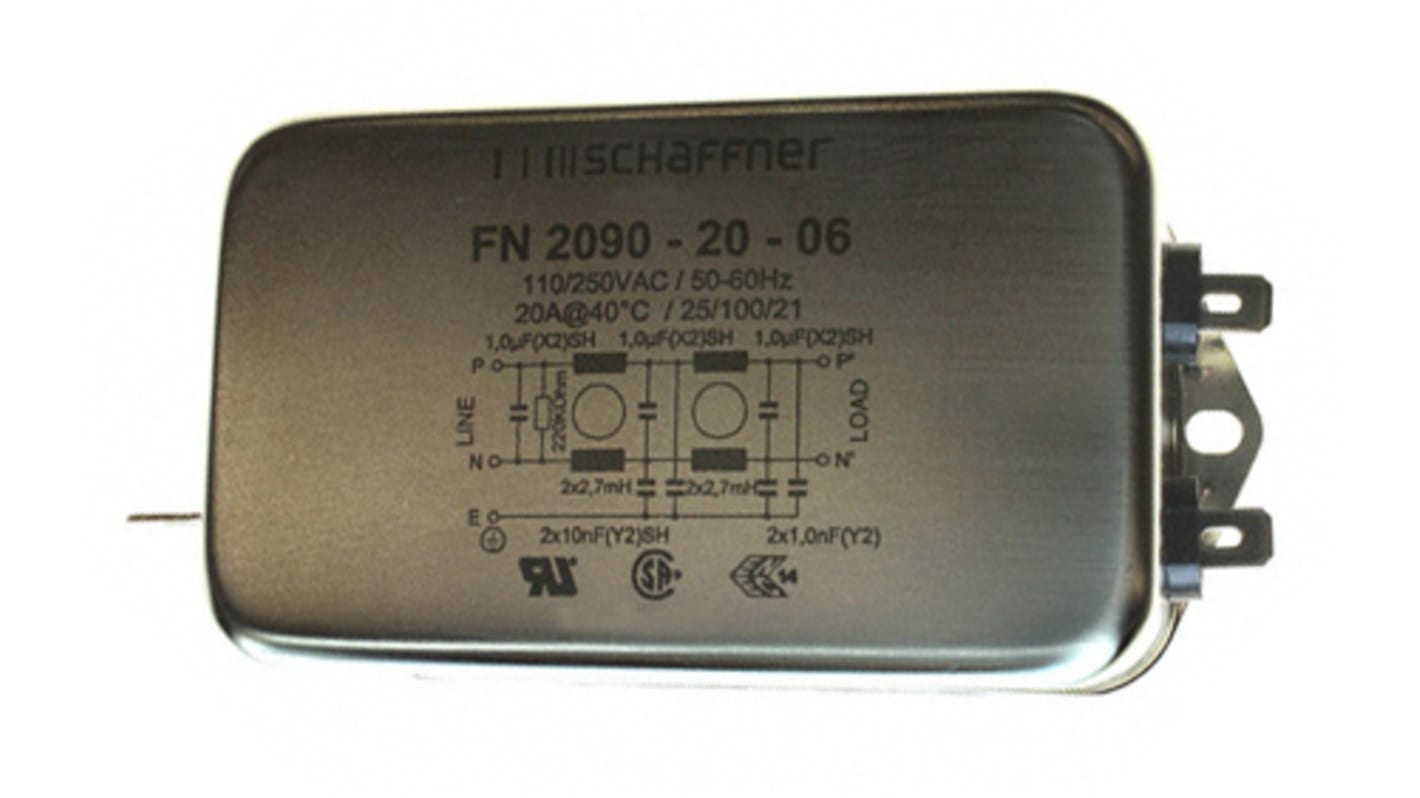 Schaffner EMIフィルタ 単相 20A フランジマウント 1 μF, 10nF 2.7 mH 1.02 mA Two Stage 220kΩ