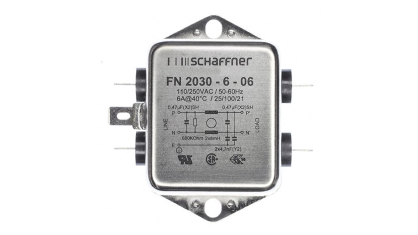 FN2030606 Schaffner, FN2030 6A 250 V ac/dc 400Hz, Chassis Mount EMI