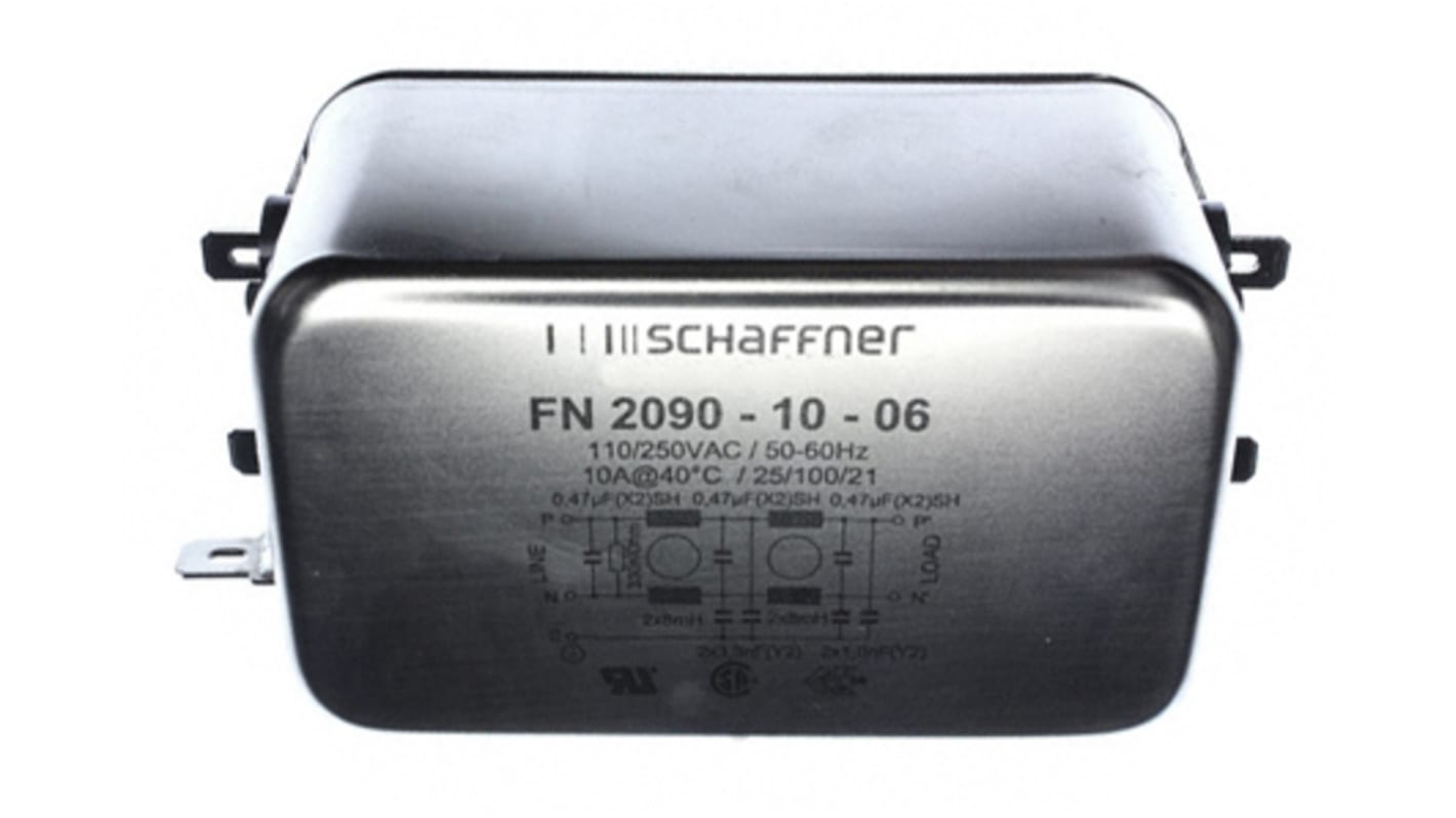 Filtro EMI Schaffner 3.3nF, 10A, 250 V AC / DC, 0 → 400Hz 8 mH, Montaje en Panel, con terminales Faston 0,67 mA,