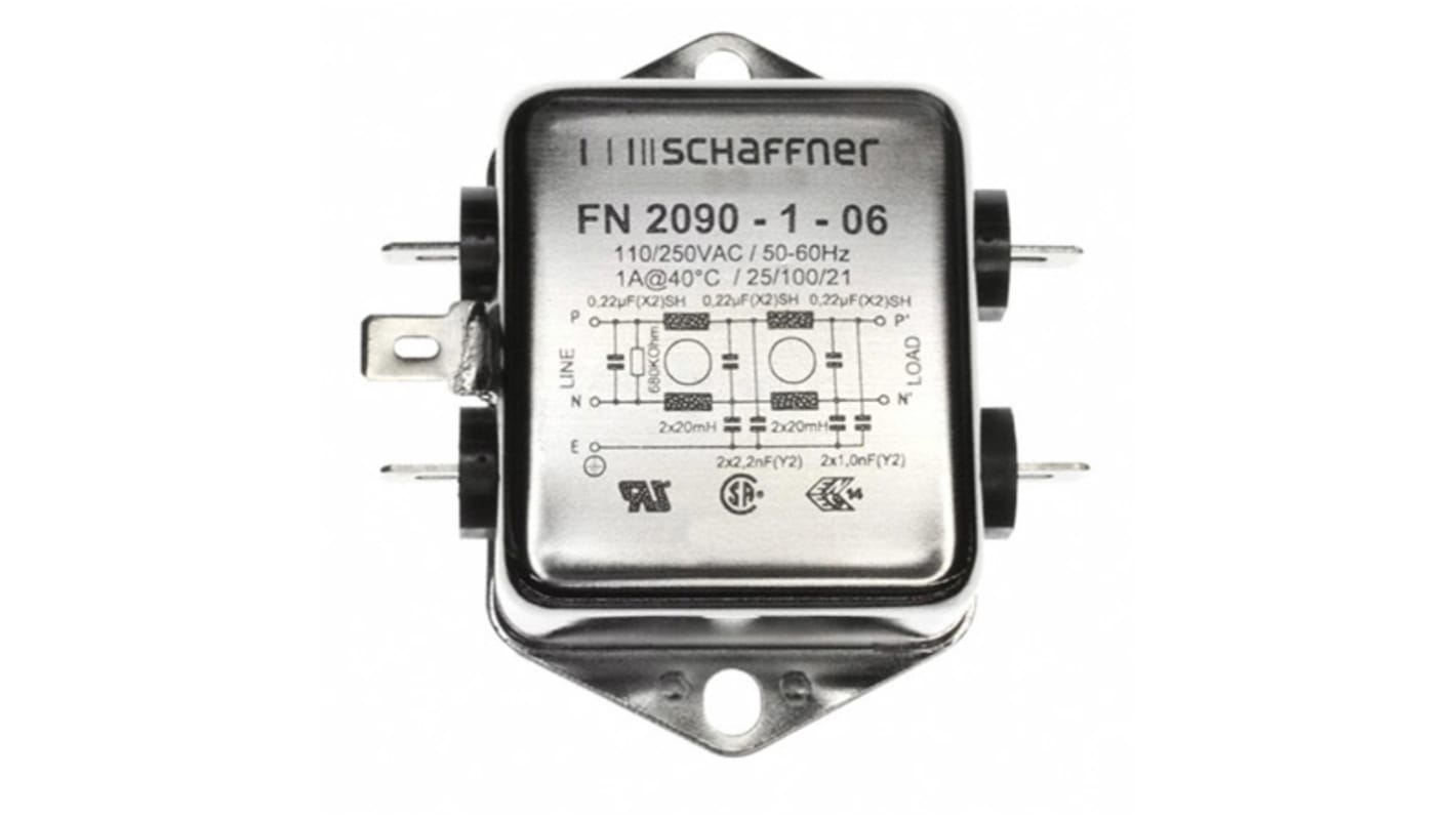 FN2090106 Filtro EMI Schaffner 2.2nF, 1A, 250 V AC / DC, 0 → 400Hz