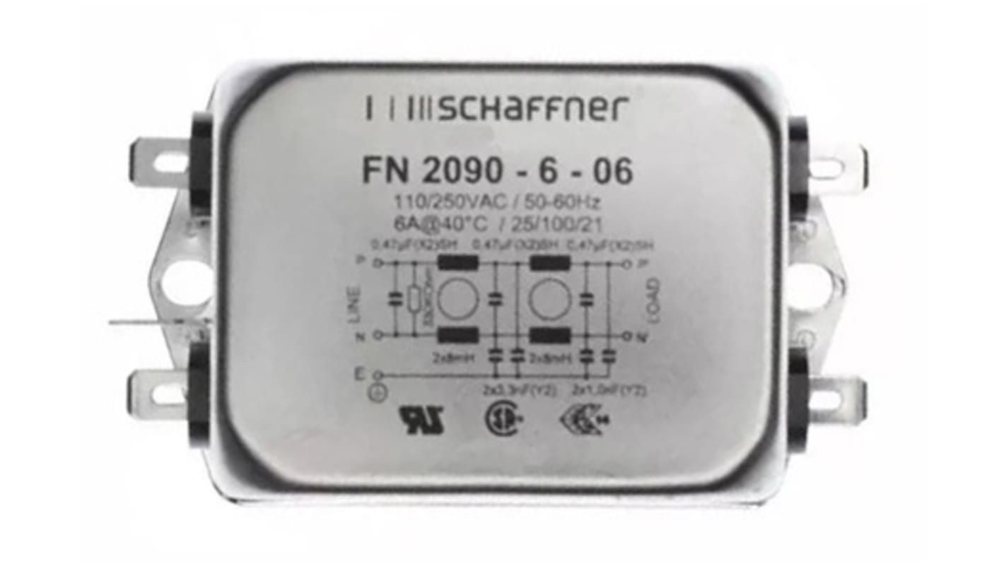 Filtro EMI Schaffner 3.3nF, 6A, 250 V AC / DC, 0 → 400Hz 8 mH, Montaje en Panel, con terminales Faston 0,67 mA,