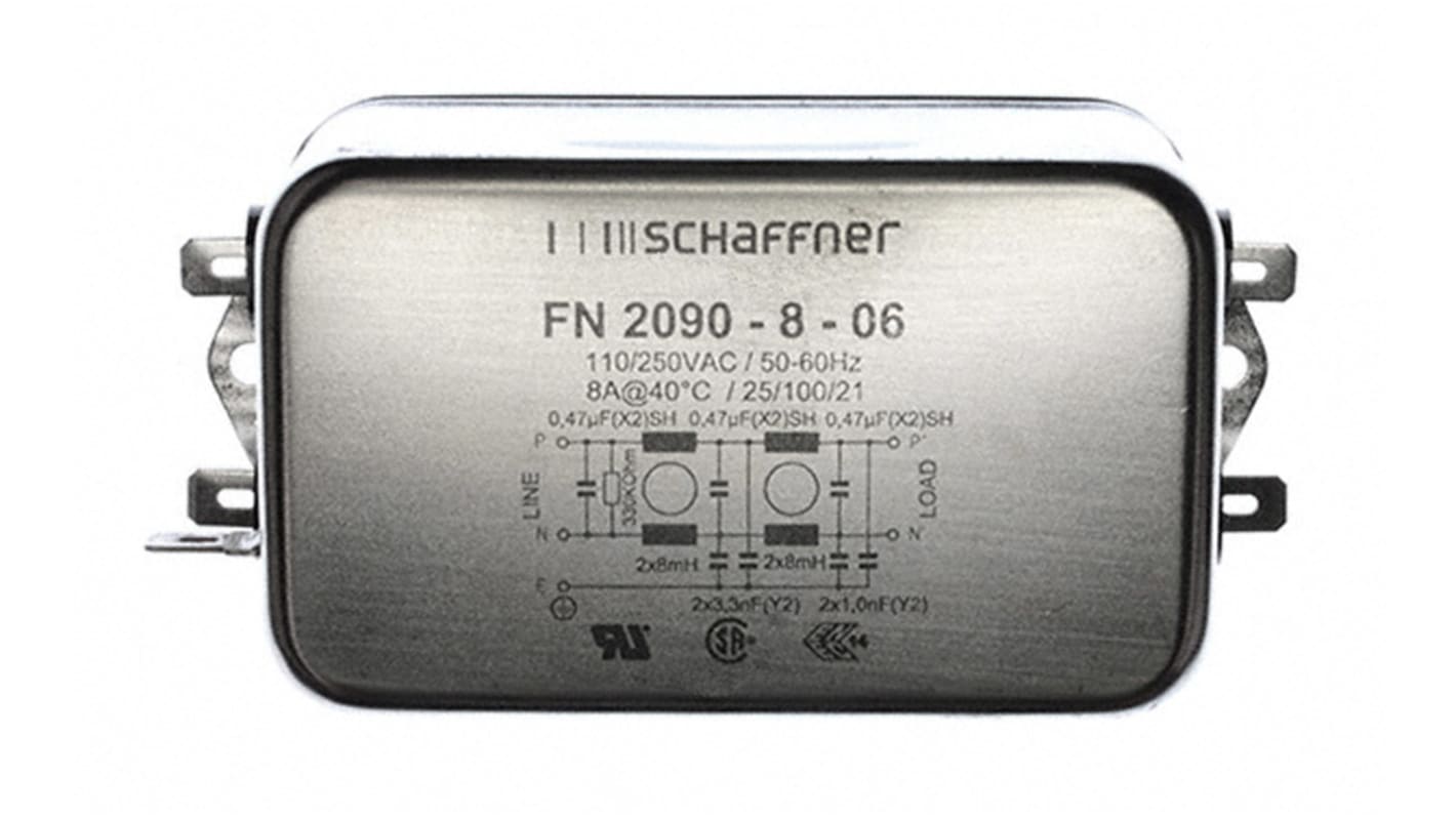 Schaffner EMIフィルタ 単相 8A フランジマウント 3.3nF 8 mH 0.67 mA Two Stage 330kΩ