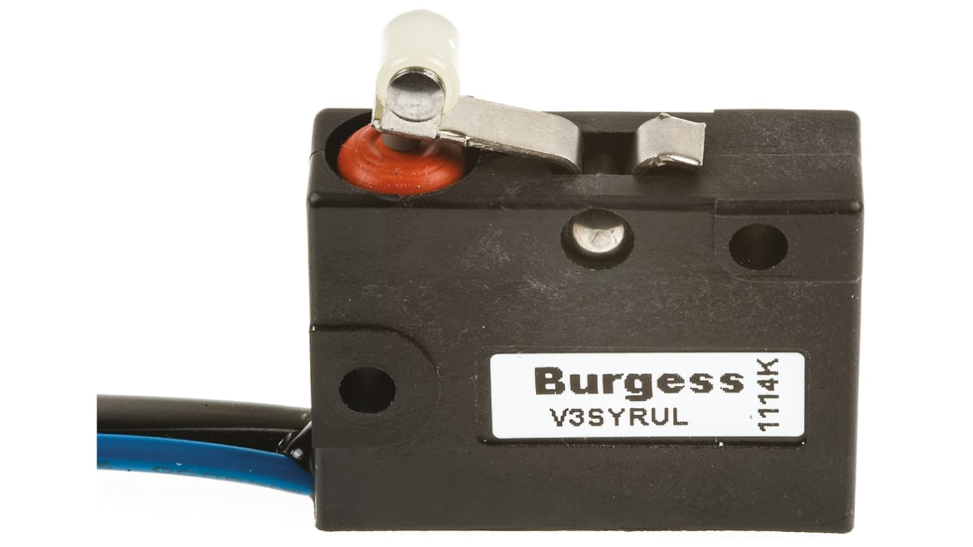 Saia-Burgess Short Roller Lever Micro Switch, Pre-wired Terminal, 5 A @ 250 V ac, SPDT, IP67