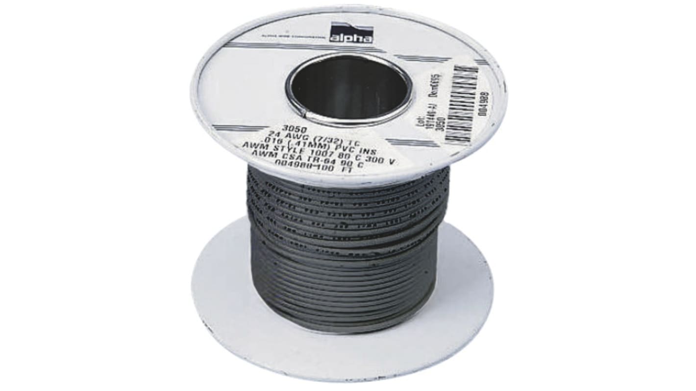 Alpha Wire Grey 0.75 mm² Hook Up Wire, 18 AWG, 16/0.25 mm, 30m, PVC Insulation