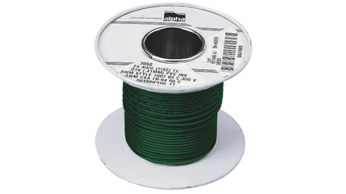 Alpha Wire Kapcsolóhuzal 3057 GR005, keresztmetszet területe: 1,3 mm², részei: 26/0,25 mm, Zöld burkolat, 300 V, 30m,