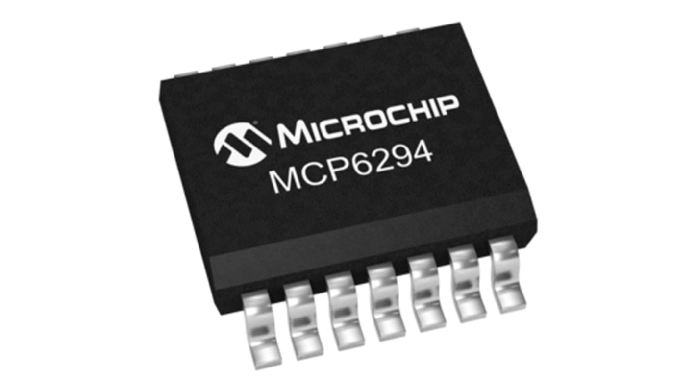 Amplificador operacional MCP6294-E/SL, 3 V, 5 V 10MHZ SOIC, 14 pines, Entrada / salida Rail-to-Rail