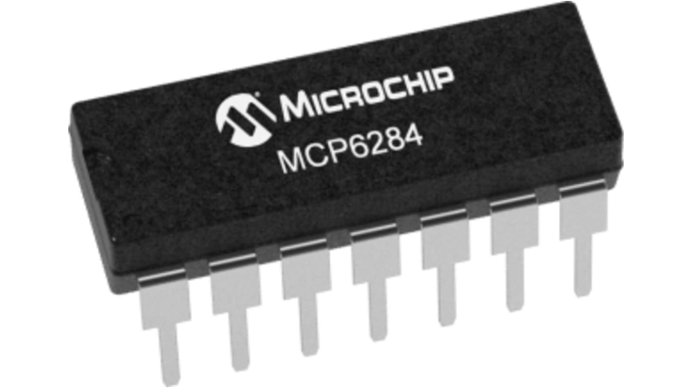 Amplificador operacional MCP6284-E/P, 3 V, 5 V 5MHZ PDIP, 14 pines, Entrada / salida Rail-to-Rail
