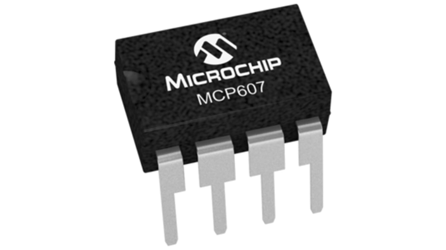 MCP607-I/P Op erősítő, típusa:(Precíziós) 155kHz, 3 V, 5 V, 8-tüskés PDIP Teljes feszültségtartományú kimenet