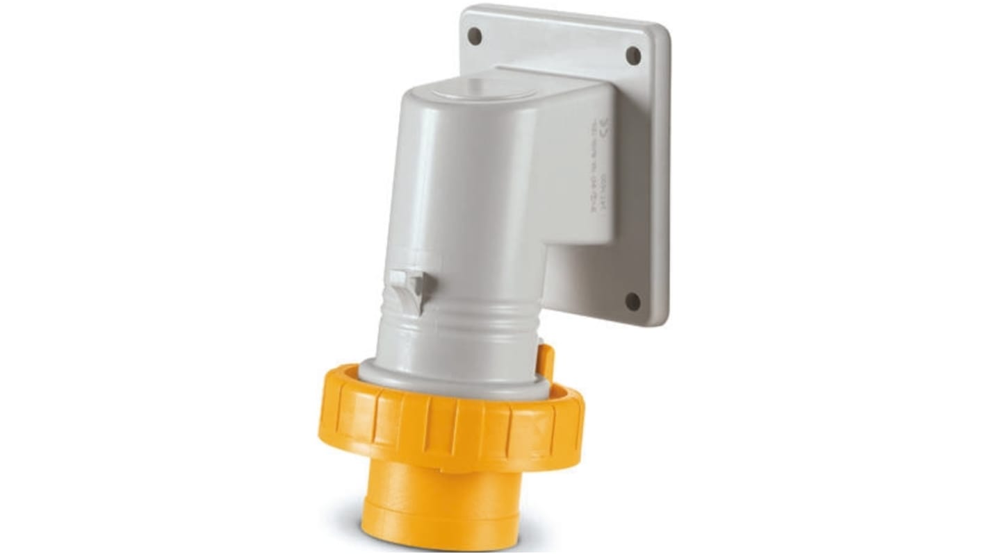 Scame IP66, IP67 Yellow Wall Mount 2P + E Right Angle Industrial Power Plug, Rated At 32A, 110 V