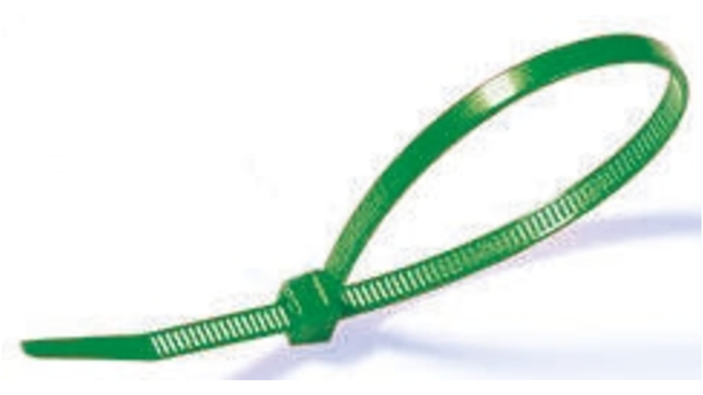 HellermannTyton Cable Tie, Inside Serrated, 390mm x 4.7 mm, Green Polyamide 6.6 (PA66), Pk-100