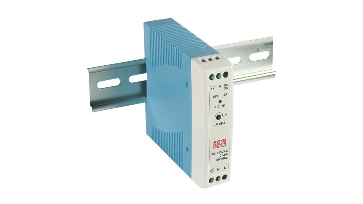 MEAN WELL MDR Switch Mode DIN Rail Power Supply, 85 → 264V ac ac Input, 15V dc dc Output, 1.34A Output, 20W