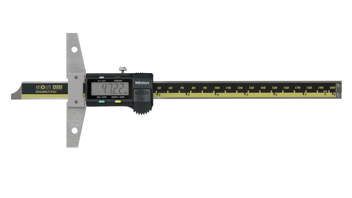 Calibre de profundidad Mitutoyo 571-212-30, 200mm, precisión ±0,001 pulg., resolución 0,01 mm, Calibrado UKAS, Ambos,