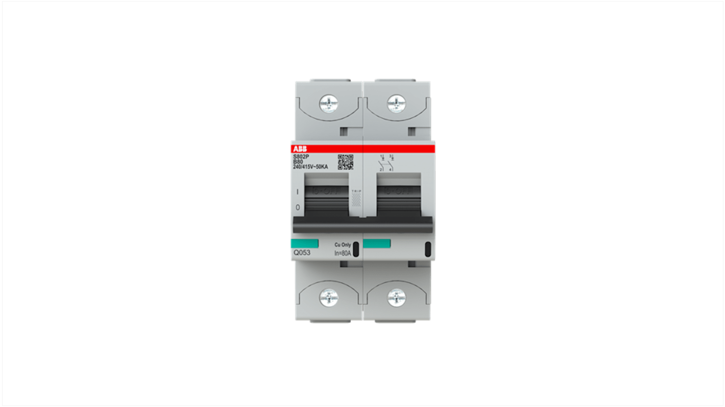 ABB High Performance S800S MCB, 2P, 80A Curve B, 400V AC, 250V DC, 50 kA Breaking Capacity