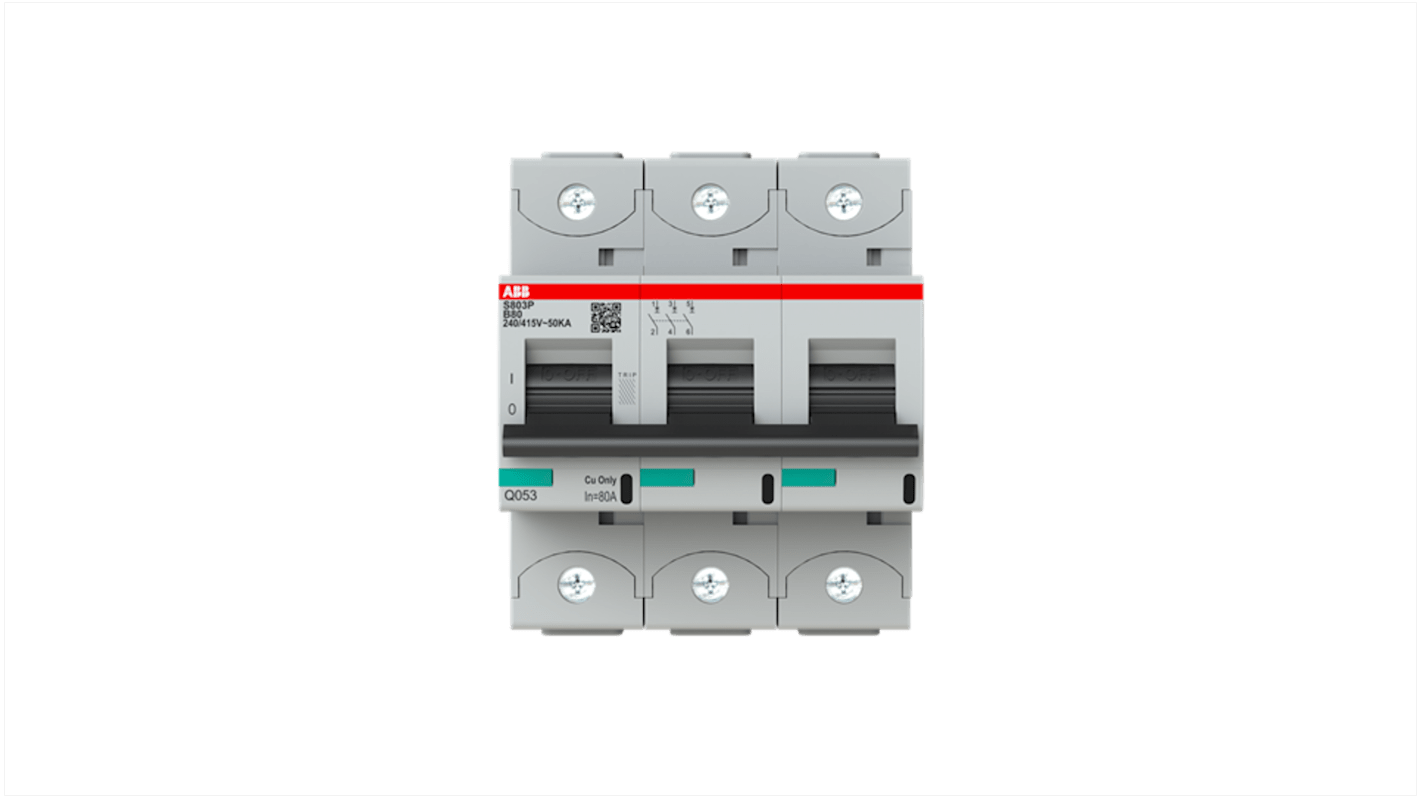 ABB High Performance S800N MCB, 3P, 80A Curve B, 400V AC, 36 kA Breaking Capacity