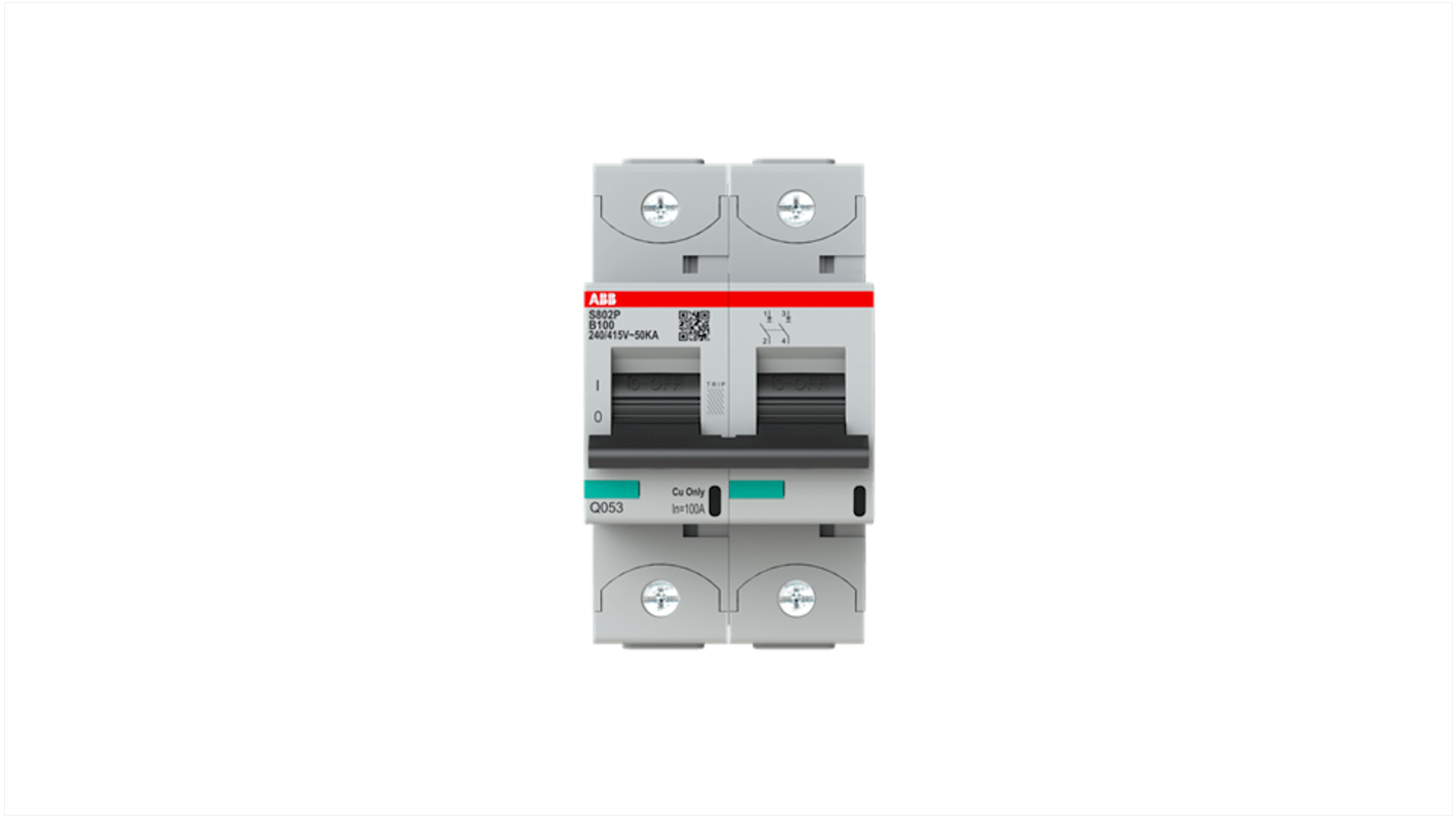 ABB High Performance S800N MCB, 2P, 100A Curve B, 400V AC, 36 kA Breaking Capacity