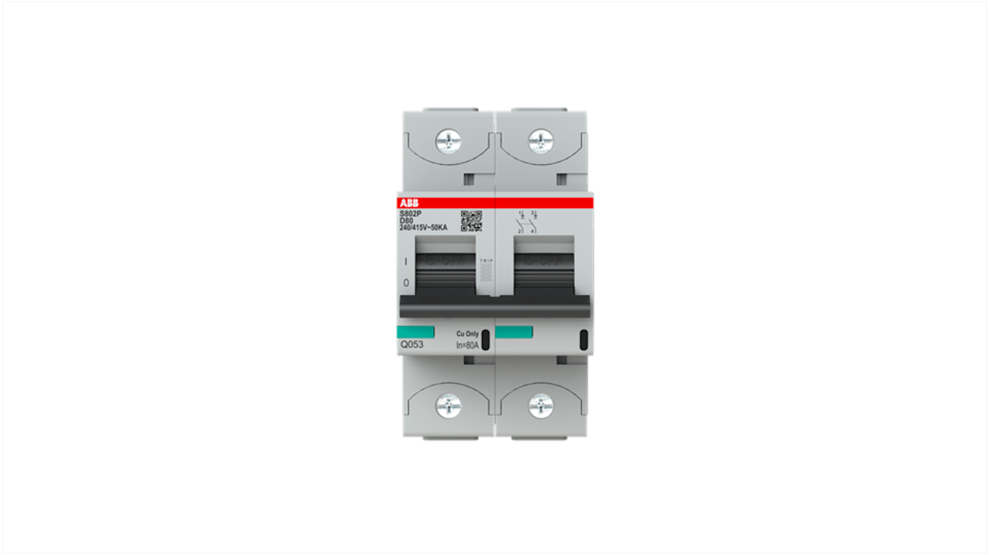 ABB High Performance S800S MCB, 2P, 80A Curve D, 400V AC, 250V DC, 50 kA Breaking Capacity