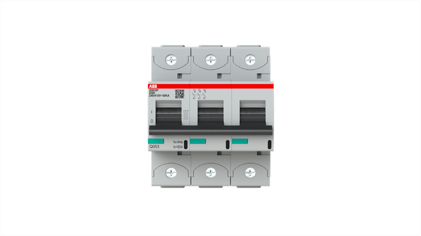 ABB High Performance S800S MCB, 3P Poles, 80A Curve D, 400V AC, 250V DC, 50 kA Breaking Capacity, MCB