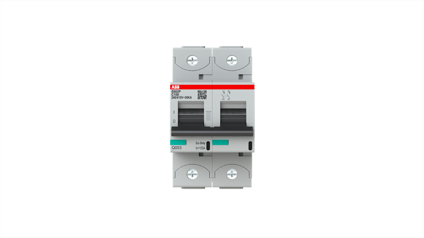 Disjoncteur ABB S800S 2P, 100A, pouvoir de coupure 50 kA, montage rail DIN