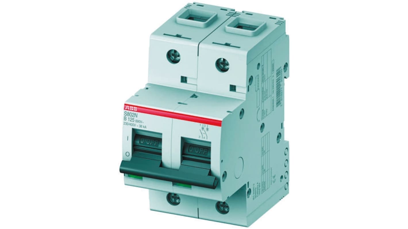 ABB High Performance S800N MCB, 2P, 63A Curve B, 400V AC, 6 kA Breaking Capacity