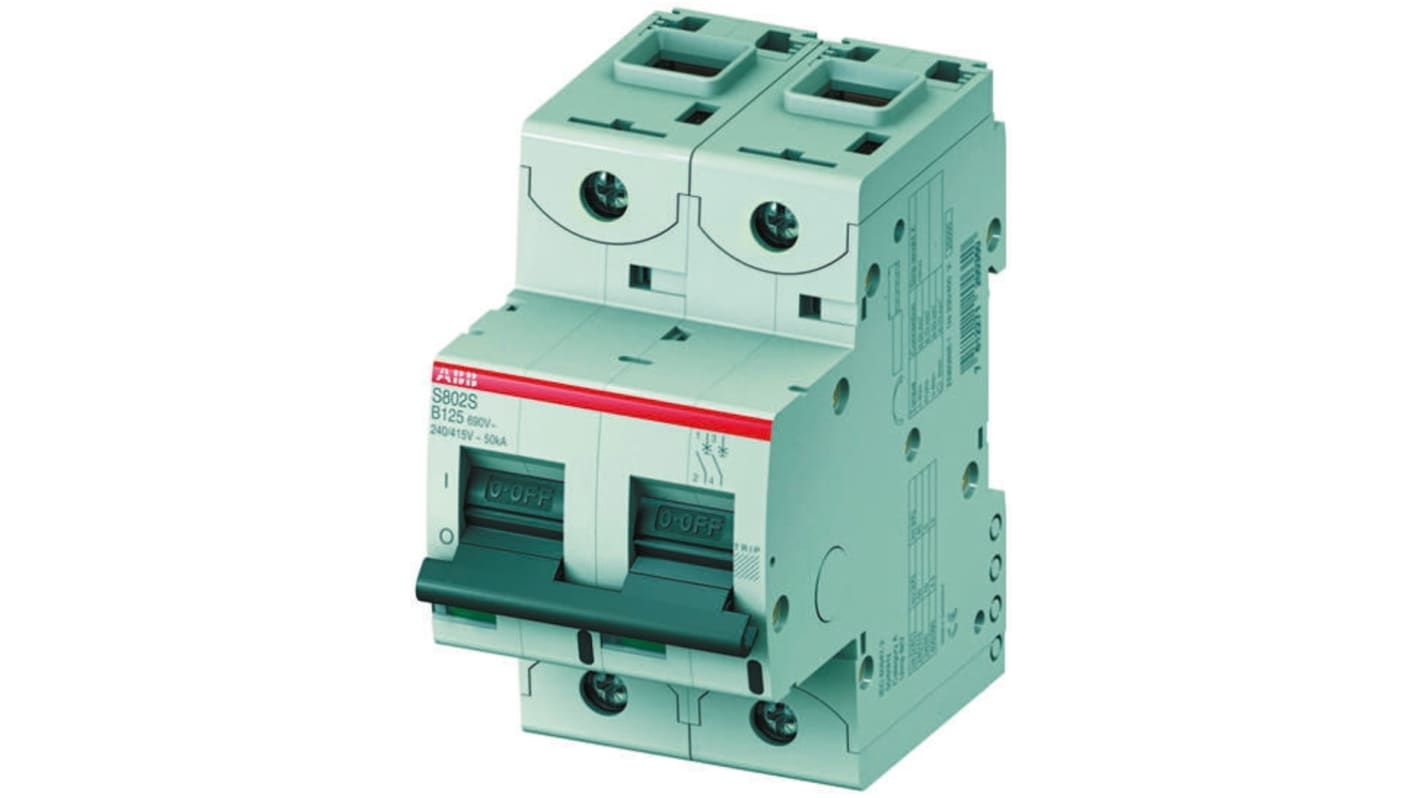 ABB High Performance S800S MCB, 2P, 63A Curve D, 400V AC, 250V DC, 50 kA Breaking Capacity