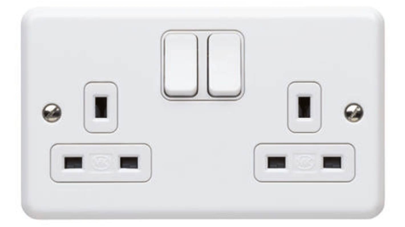 Presa elettrica, MK Electric K3046 WHI, 13A, 2 moduli, IP2XD, presa Tipo G - inglese, Bianco In interni, Montaggio