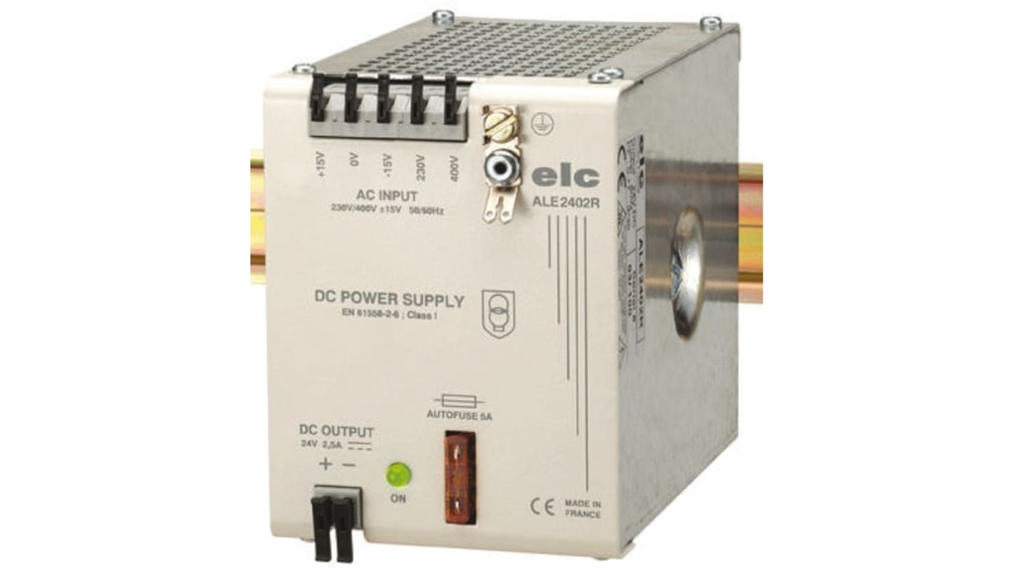 ELC ALE Linear DIN Rail Power Supply, 230 → 400V ac ac Input, 24V dc dc Output, 2.5A Output, 60W