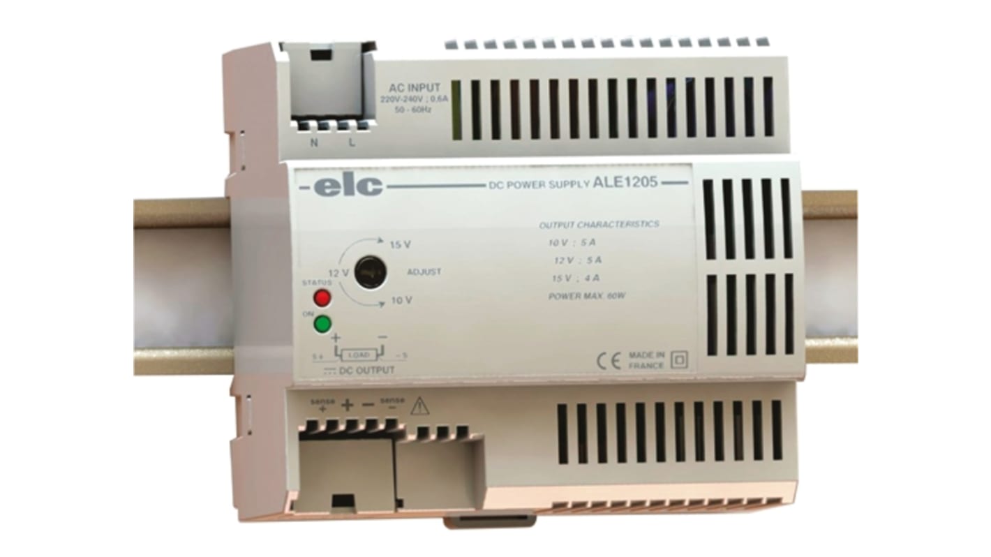 ELC ALE Linear DIN Rail Power Supply, 190 → 264V ac ac Input, 12V dc dc Output, 5A Output, 60W