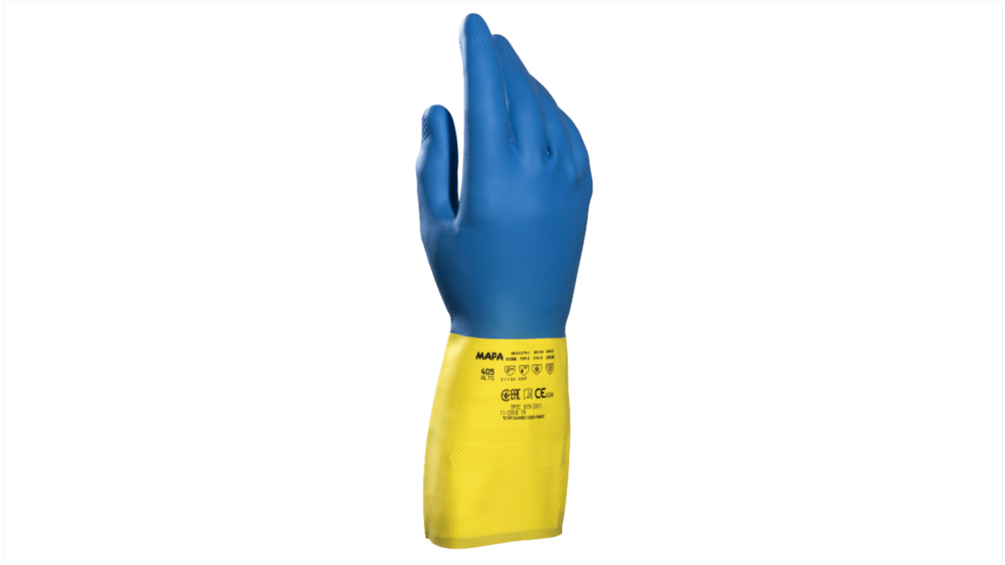 Mapa Spontex ALTO 405 Blue Latex Chemical Resistant Work Gloves, Size 10.5, XL, Latex, Neoprene Coating