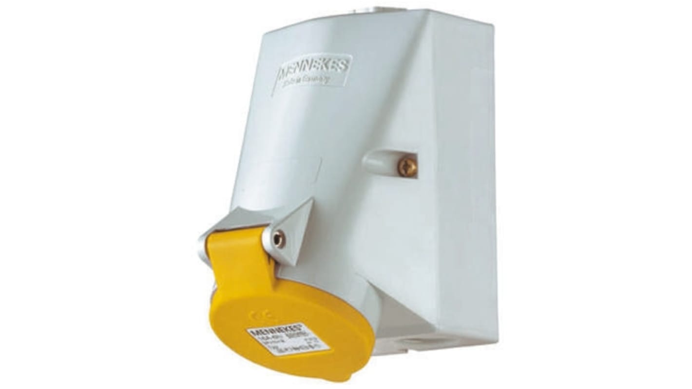 MENNEKES IP44 Yellow Wall Mount 3P Right Angle Socket, Rated At 32A, 110 V