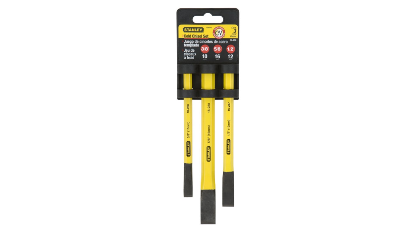 Stanley 3 Piece Chrome Vanadium Steel Cold Chisel Set, 10.0 mm, 12.0 mm, 16.0 mm Blade Width