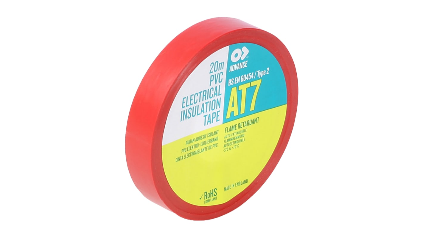 Cinta aislante de PVC Advance Tapes AT7 de color Rojo, 12mm x 20m, grosor 0.13mm