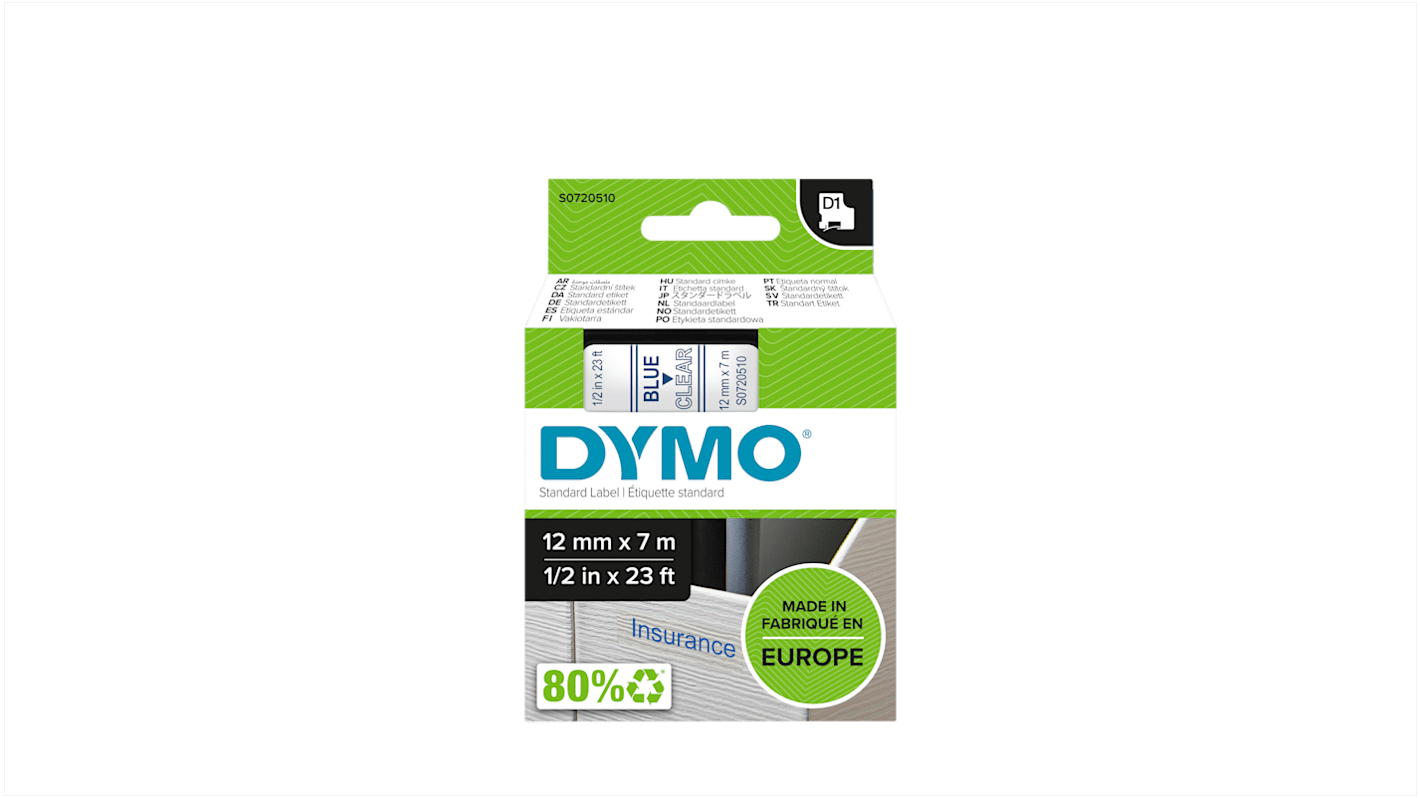 S0720510 Dymo Blue on Transparent Label Printer Tape, 7 m Length, 12 mm Width RS