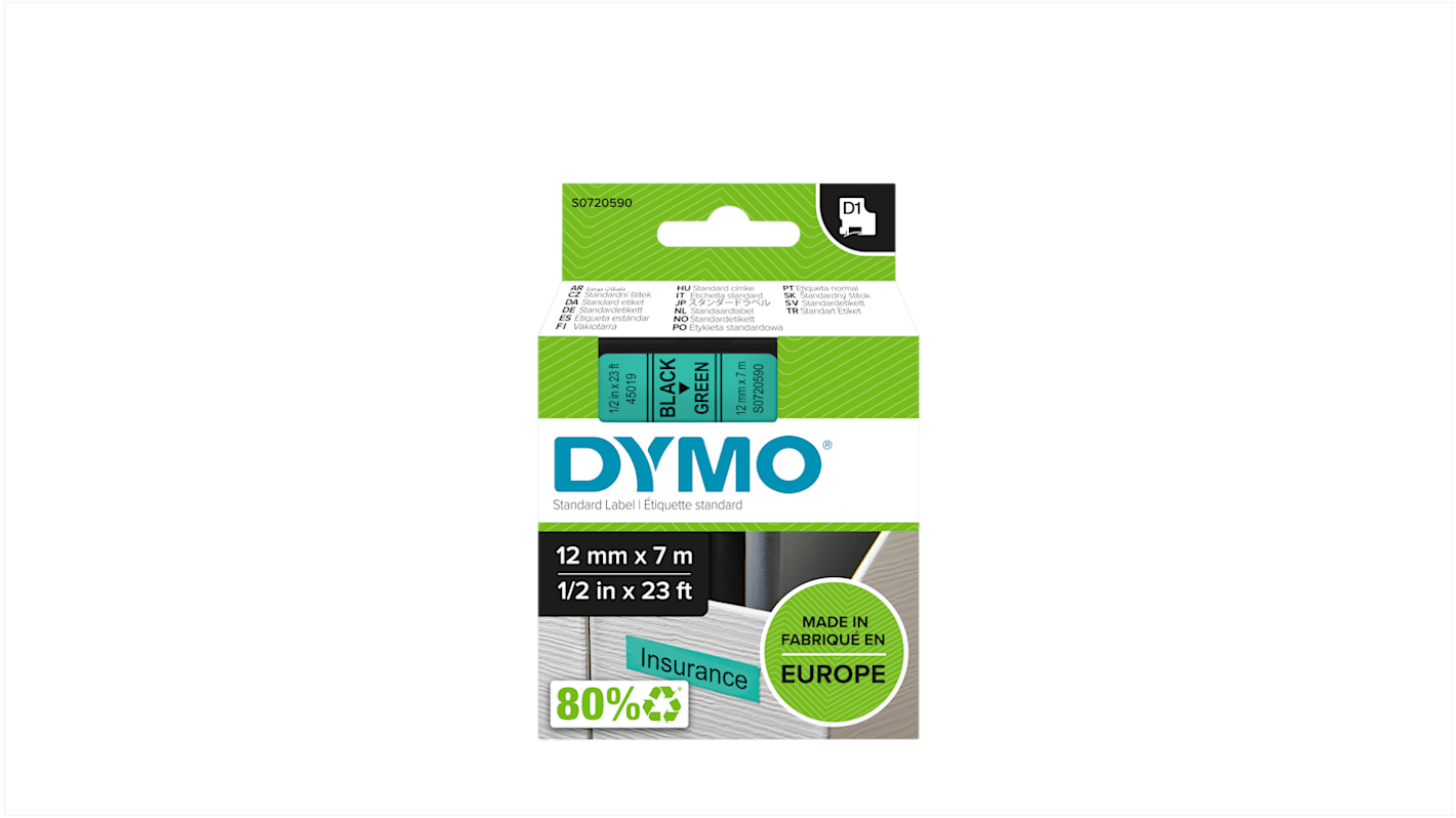 Dymo Black on Green Label Printer Tape, 7 m Length, 12 mm Width